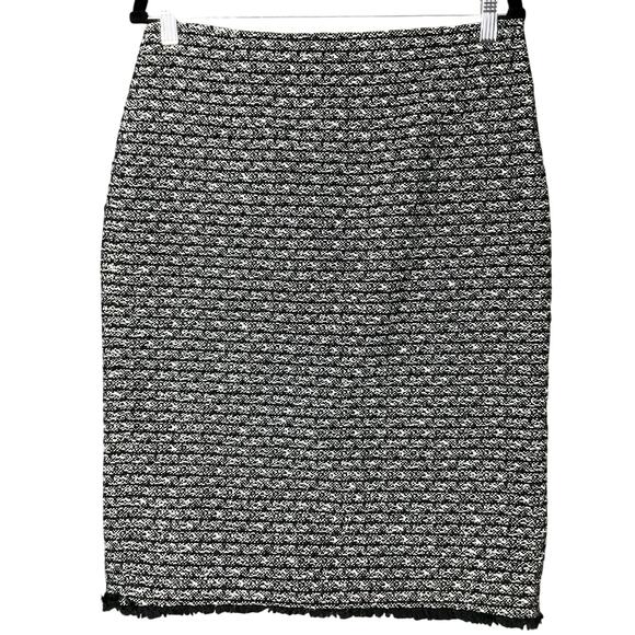 J CREW Pencil Skirt Tweed Black White Fringe Knee sz 10 Preppy Classic Office - Picture 3 of 13